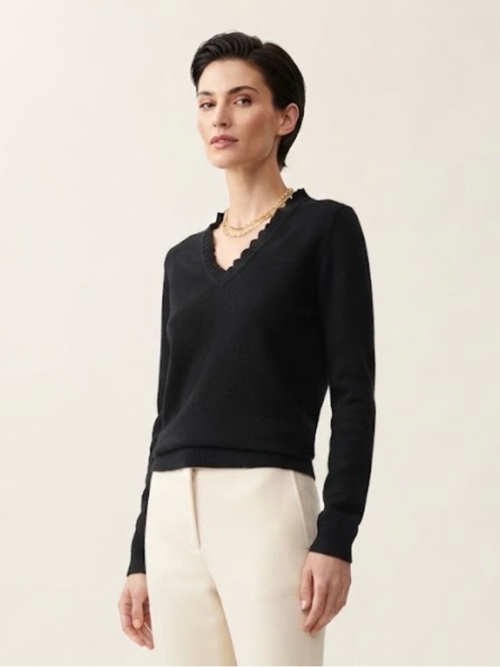 Saks Fifth Avenue 100% Cashmere Black V-Neck Sweater with Ruffle Trim Size M